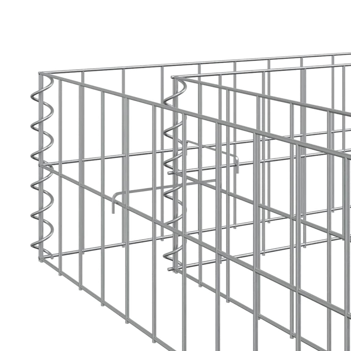 Nahaufnahme eines verzinkten Metallgabionenkorbs. Der Korb ist leer und quadratisch mit vertikalen und horizontalen Stäben.
