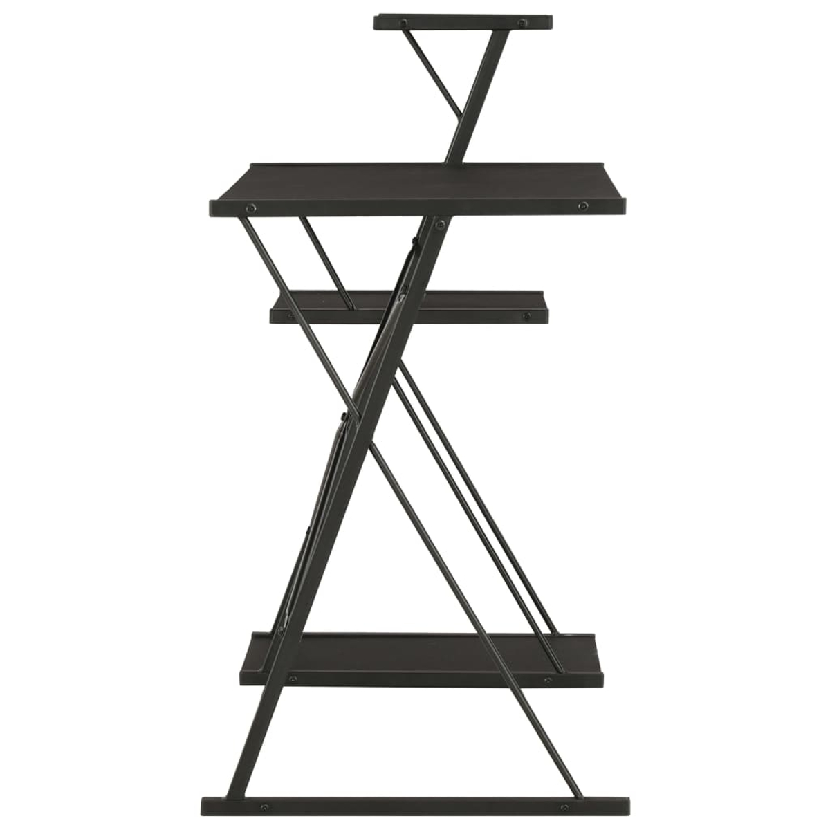 Ein schwarzes Metall- und Holzregal. Es hat vier Regale und ein einzigartiges angewinkeltes Beingestaltung, die auf einem weißen Hintergrund steht.