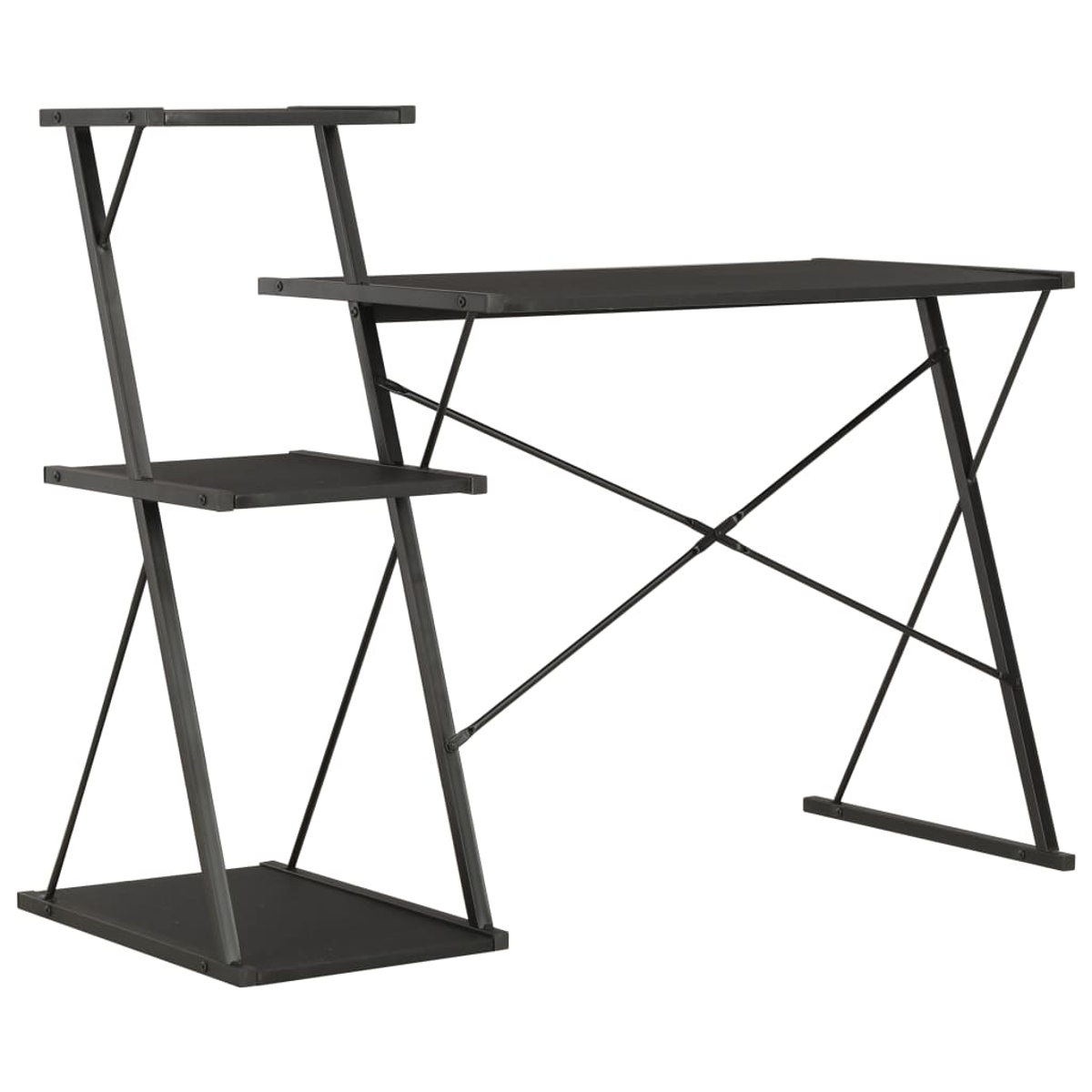 Ein dunkler Metallschreibtisch mit mehreren Regalen und einer Schreibtischoberfläche. Die Beine sind X-förmig.