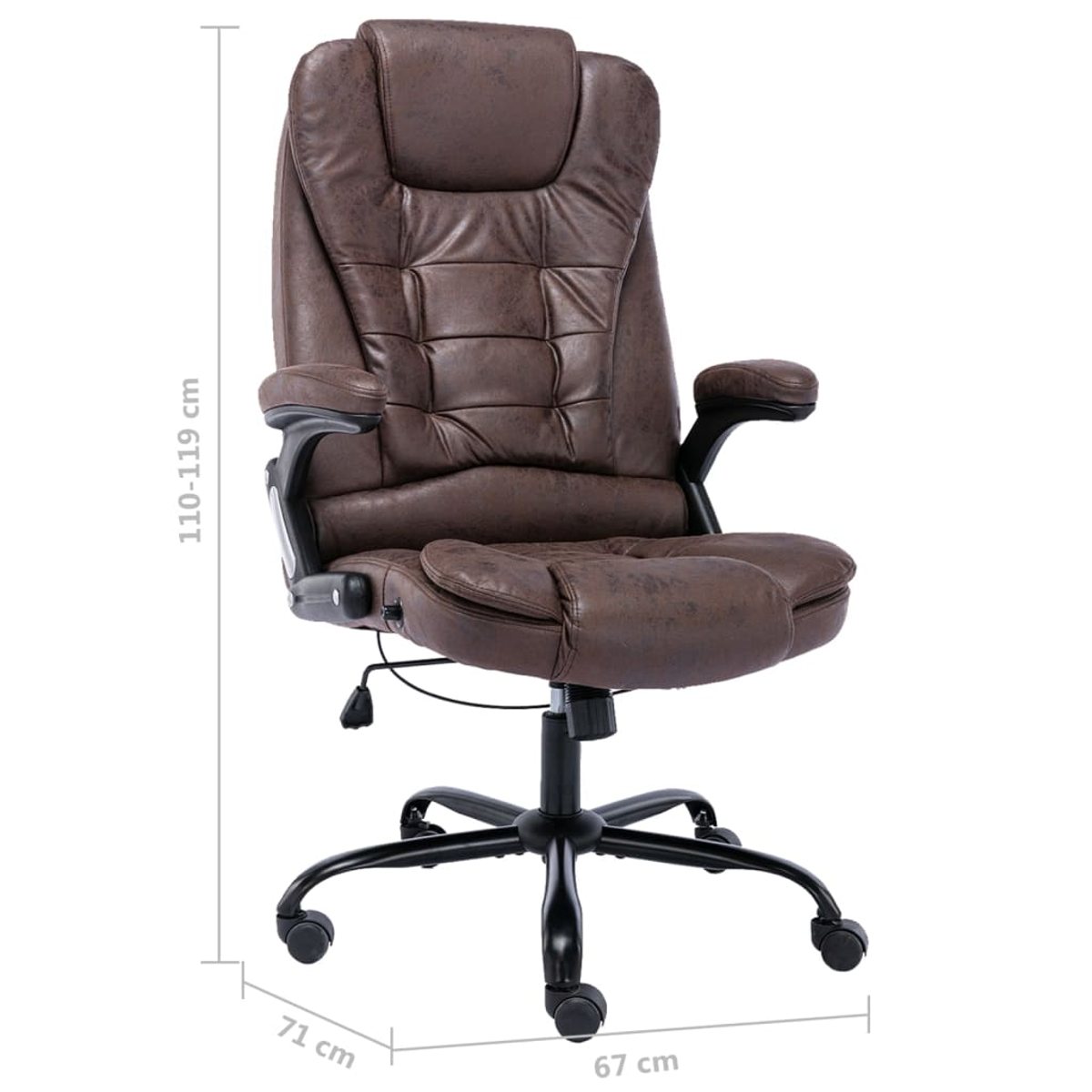 Ein brauner Bürostuhl aus Leder mit hoher Rückenlehne, Armlehnen und schwarzem Untergestell mit Rollen. Abmessungen sind angegeben.