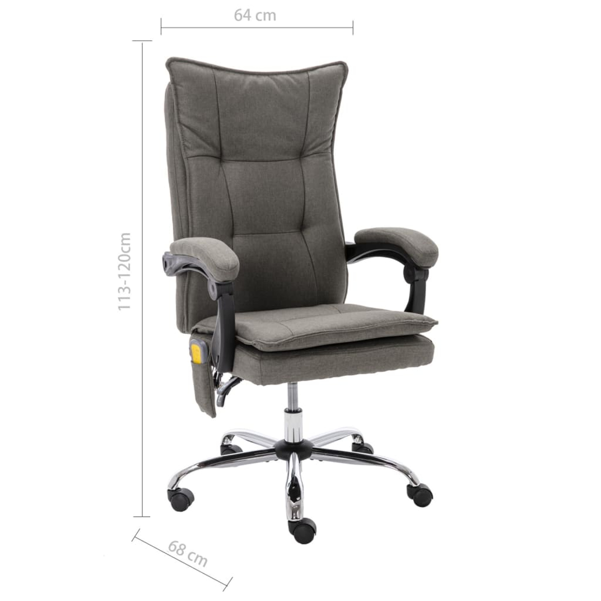 Grauer Bürostuhl mit hoher Rückenlehne, Armlehnen und Chromfuß. Maße: 64 cm Breite, 68 cm Tiefe, 113-120 cm Höhe.