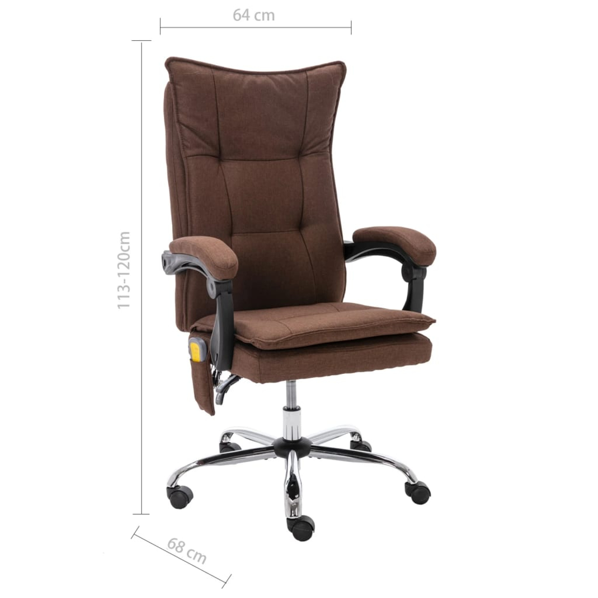 Brauner Bürostuhl vor weißem Hintergrund. Er hat Armlehnen und eine hohe Rückenlehne. Maße: 68cm x 64cm x 113-120cm.