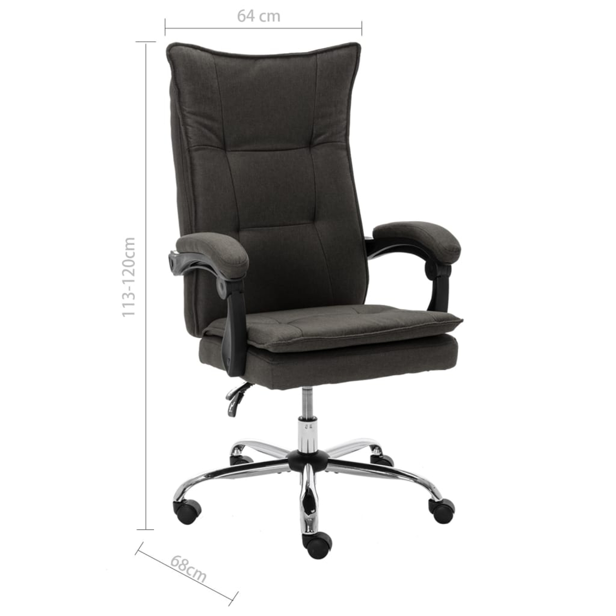 Ein dunkelgrauer Bürostuhl mit hoher Rückenlehne, Armlehnen und Chromfuß. Maße: 113-120cm hoch, 64cm breit und 68cm tief.