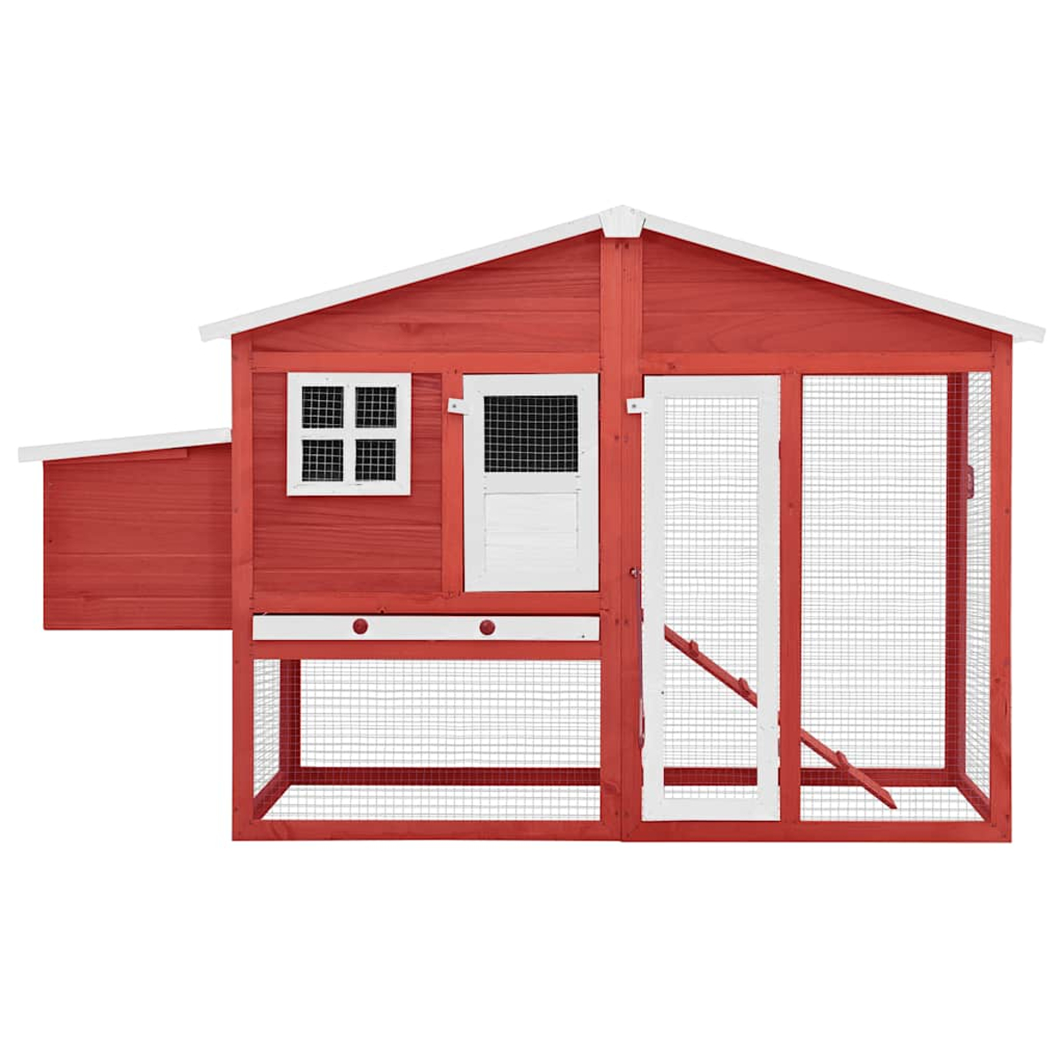 Ein roter Hühnerstall aus Holz mit weißen Verzierungen und einem Maschendrahtgehege. Er hat ein kleines Fenster und eine Tür.