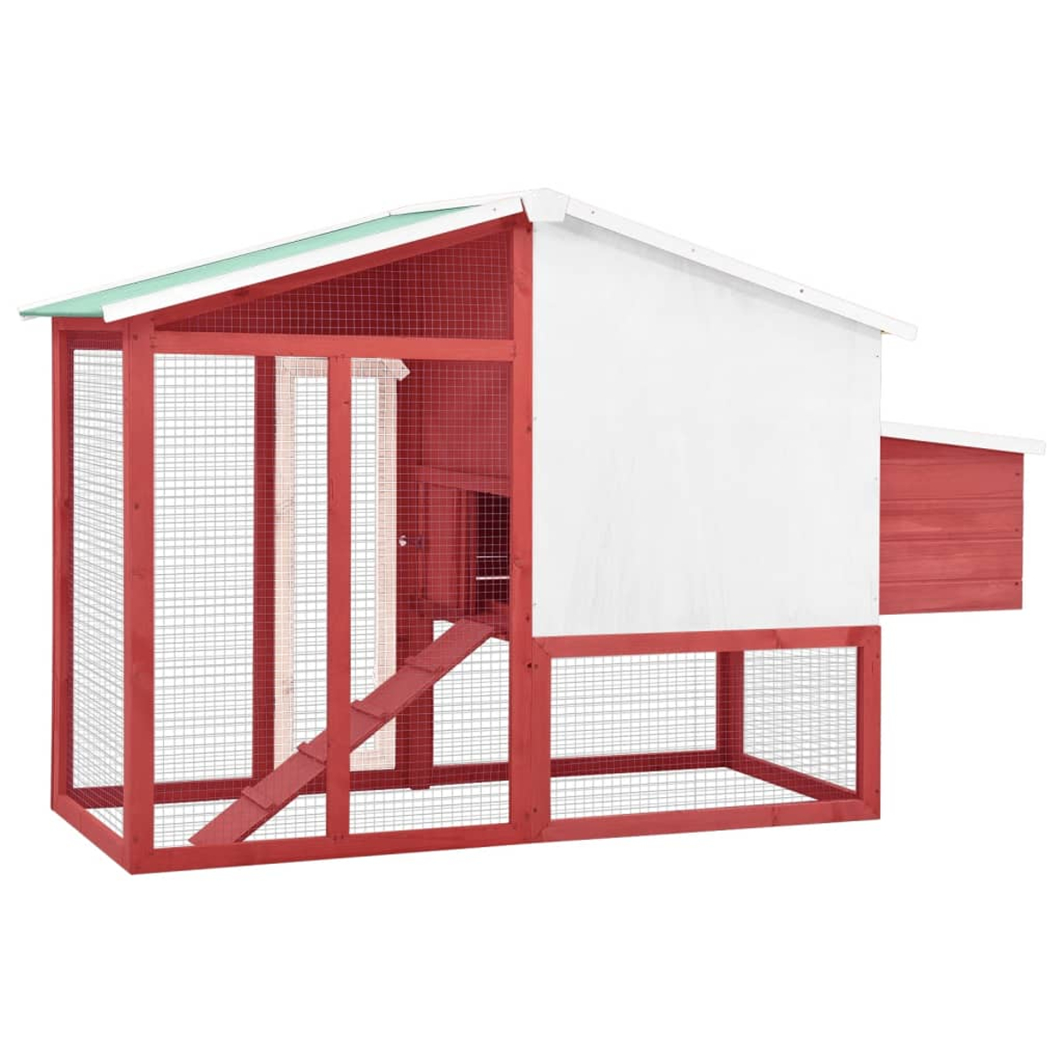 Ein rot-weißes Hühnerhaus aus Holz mit Drahtgeflecht. Es hat eine Rampe und ein grünes Dach. Das Hühnerhaus steht auf weißem Hintergrund.