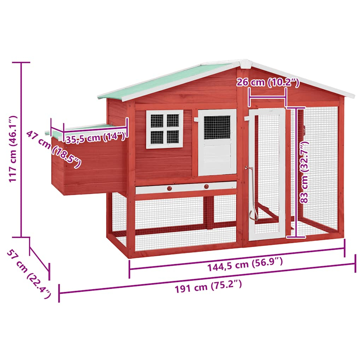 Ein roter Hühnerstall aus Holz mit beschrifteten Abmessungen. Mit grünem Dach, Fenstern, Tür und Drahtgeflecht.