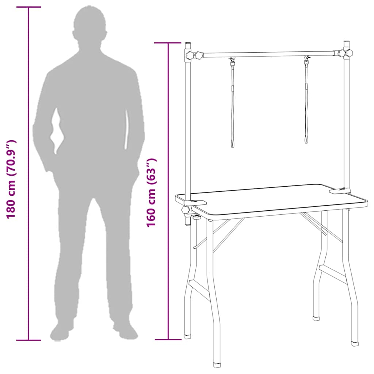 Eine Silhouette steht neben einem Pflegetisch. Maße sind markiert: Die Person ist 180 cm, der Tisch ist 160 cm.