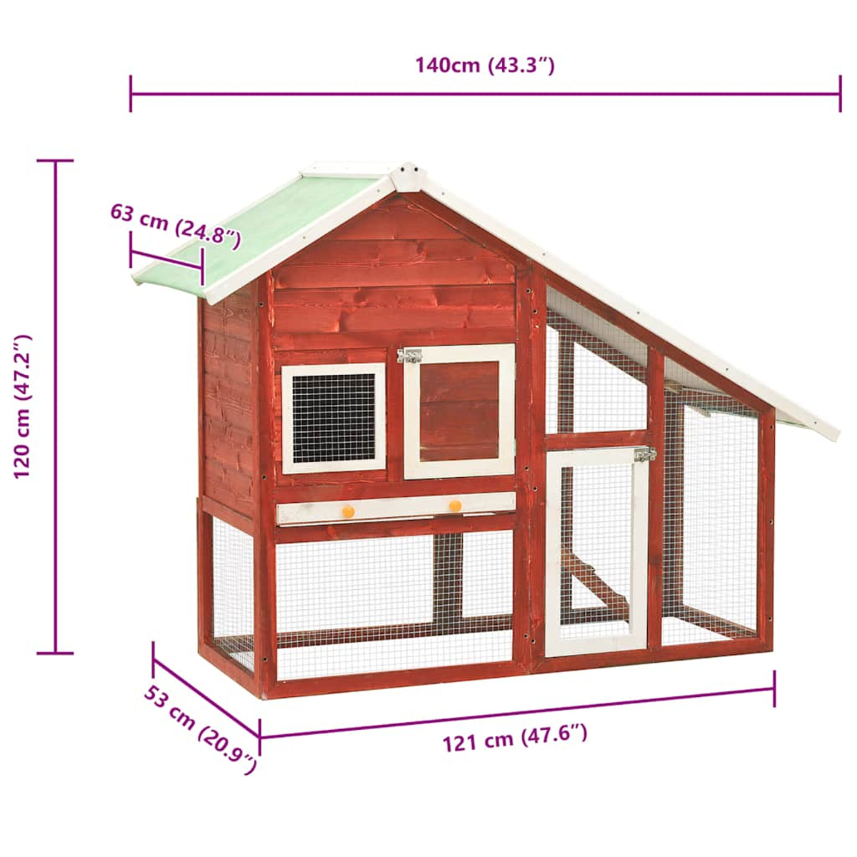 Ein roter Hühnerstall aus Holz mit grünem Dach, Drahtgeflecht und weiß gerahmten Türen und Fenstern. Abmessungen sind angegeben.