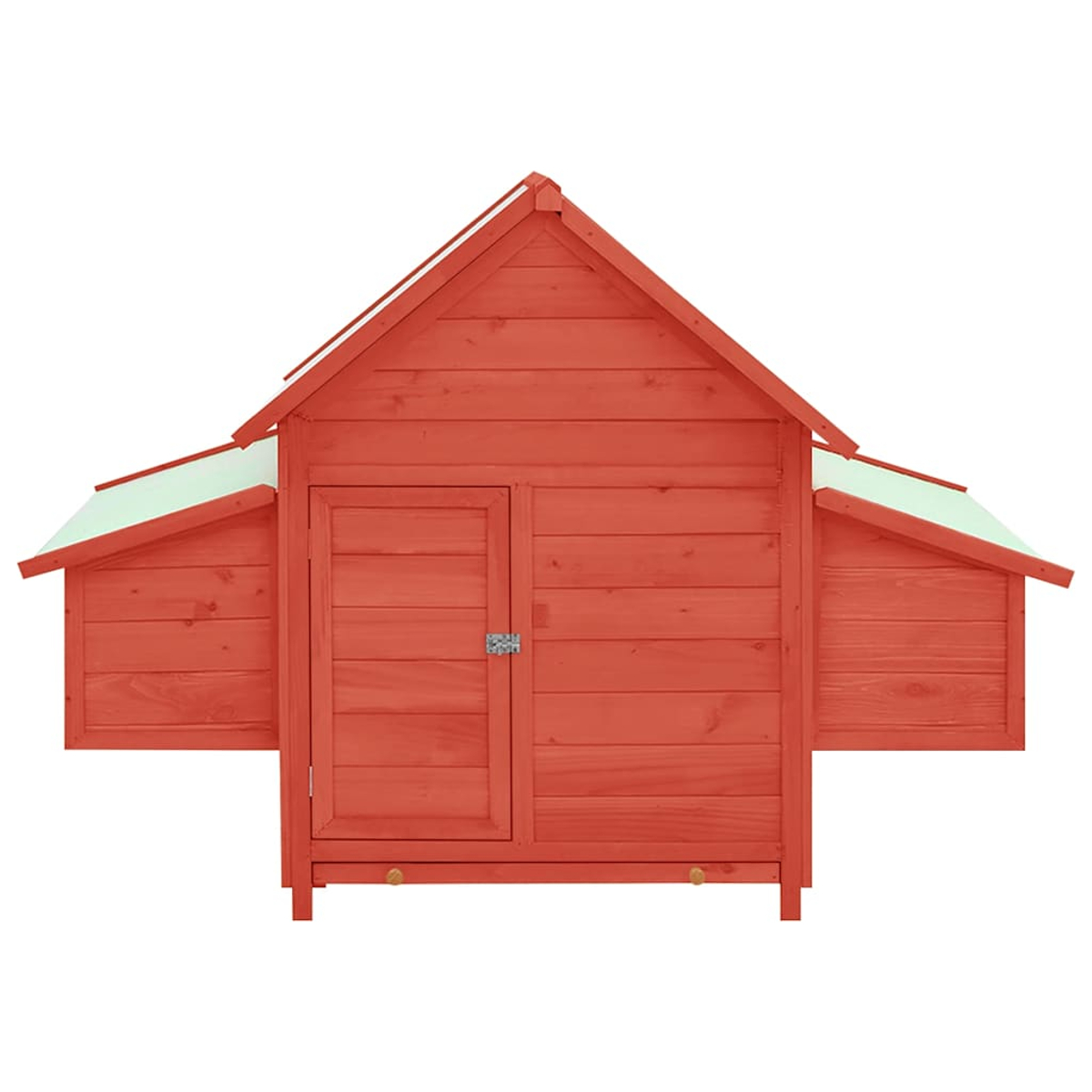 Ein roter Hühnerstall aus Holz mit Satteldach und zwei Seitenerweiterungen. Weiße Verkleidung auf dem Dach. Der Stall hat eine Tür und zwei kleine Haken.