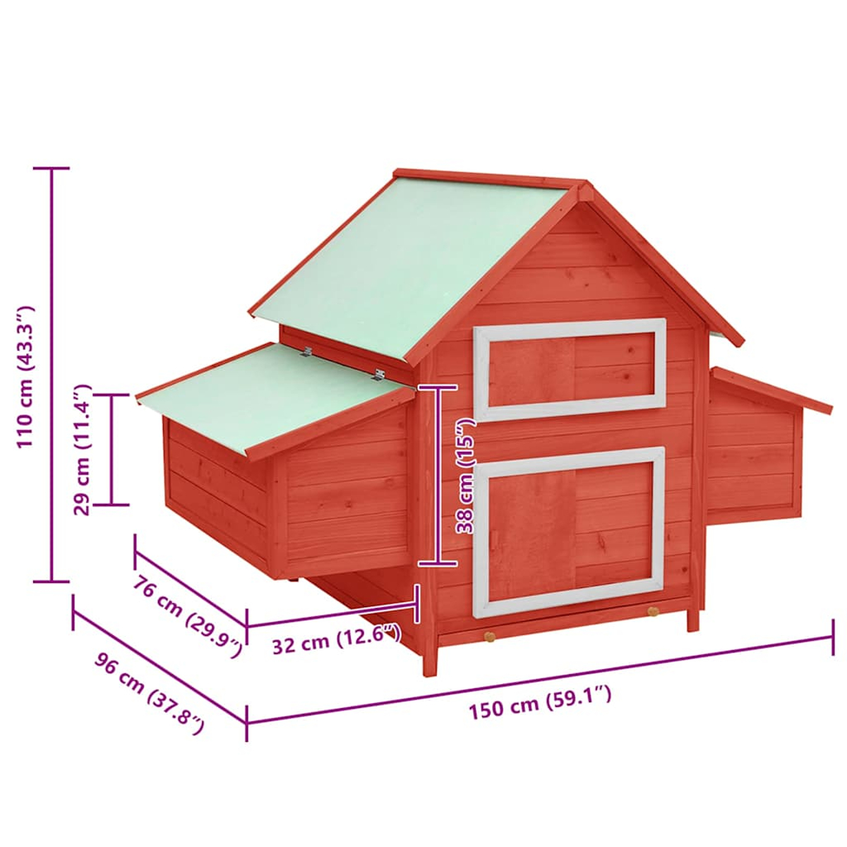 Ein roter Hühnerstall aus Holz mit grünem Dach. Abmessungen sind angegeben. Er hat zwei Fenster und eine kleine Seitenstruktur.