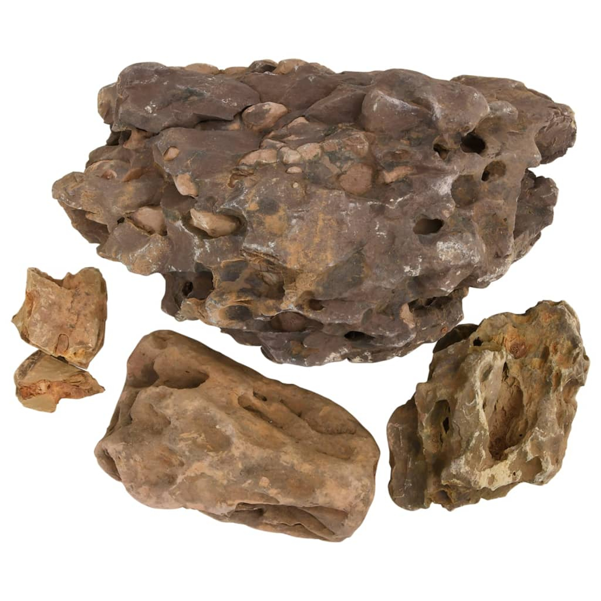 Mehrere braune Steine unterschiedlicher Größe sind auf weißem Grund angeordnet. Einige Steine haben Löcher. Die Farbe der Steine variiert von hell- bis dunkelbraun.