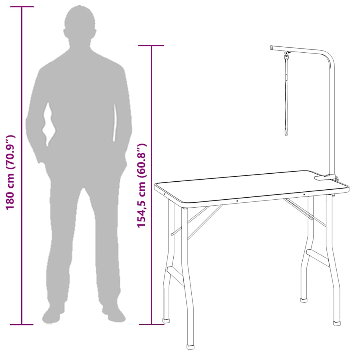 Eine Person steht neben einem Pflegetisch. Der Tisch hat einen gebogenen Arm mit einer Leine. Maße sind in cm angegeben.