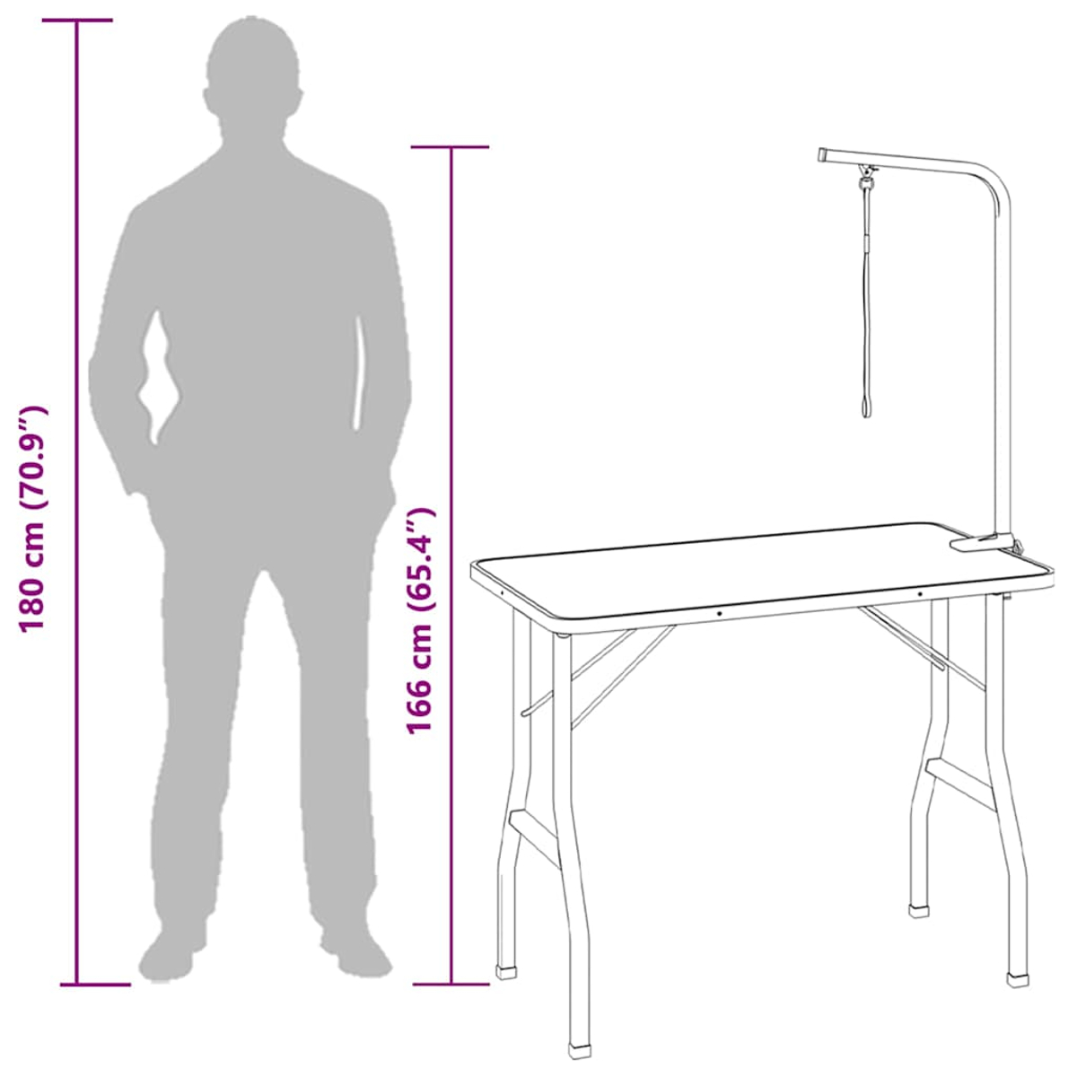 Eine Silhouette steht neben einem Pflegetisch. Der Tisch hat einen gebogenen Arm mit einer Schlinge. Abmessungen sind enthalten.