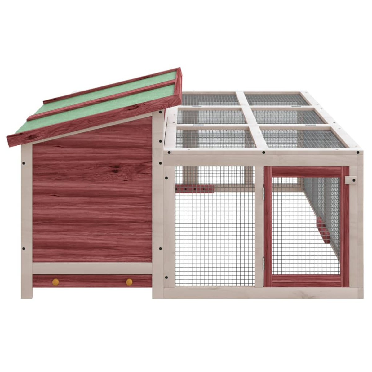 Ein roter Hühnerstall aus Holz mit grünem Dach. Es hat einen Drahtgeflechtzaun und eine Tür. Zwei gelbe Knöpfe sind vorne.