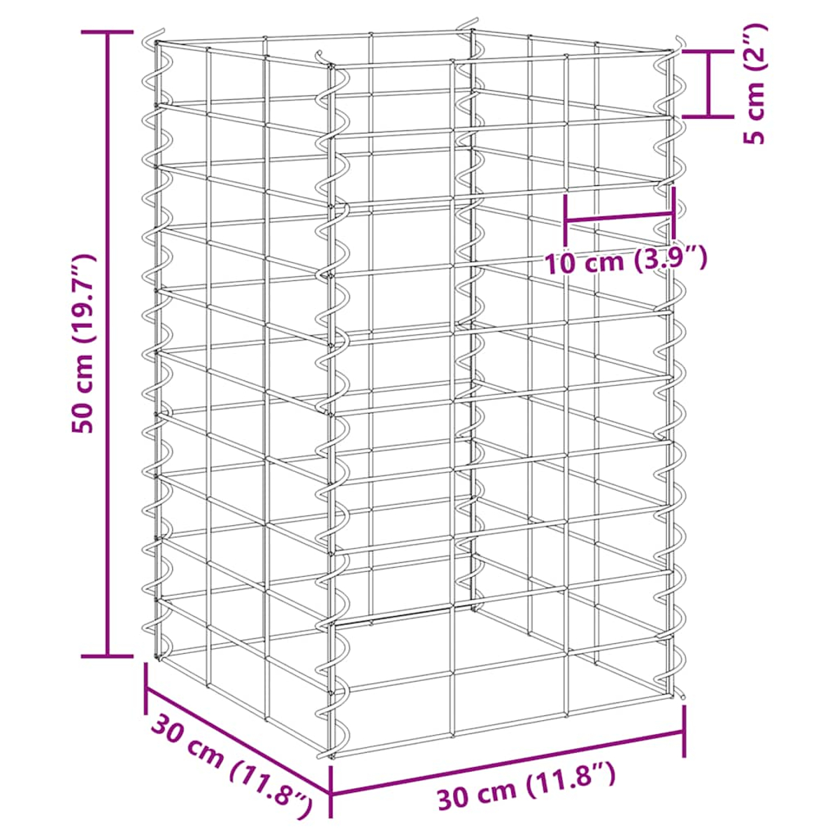 Ein rechteckiger Metallkäfig mit Beschriftung. Die Höhe beträgt 50 cm, die Breite 30 cm und die Tiefe 30 cm.