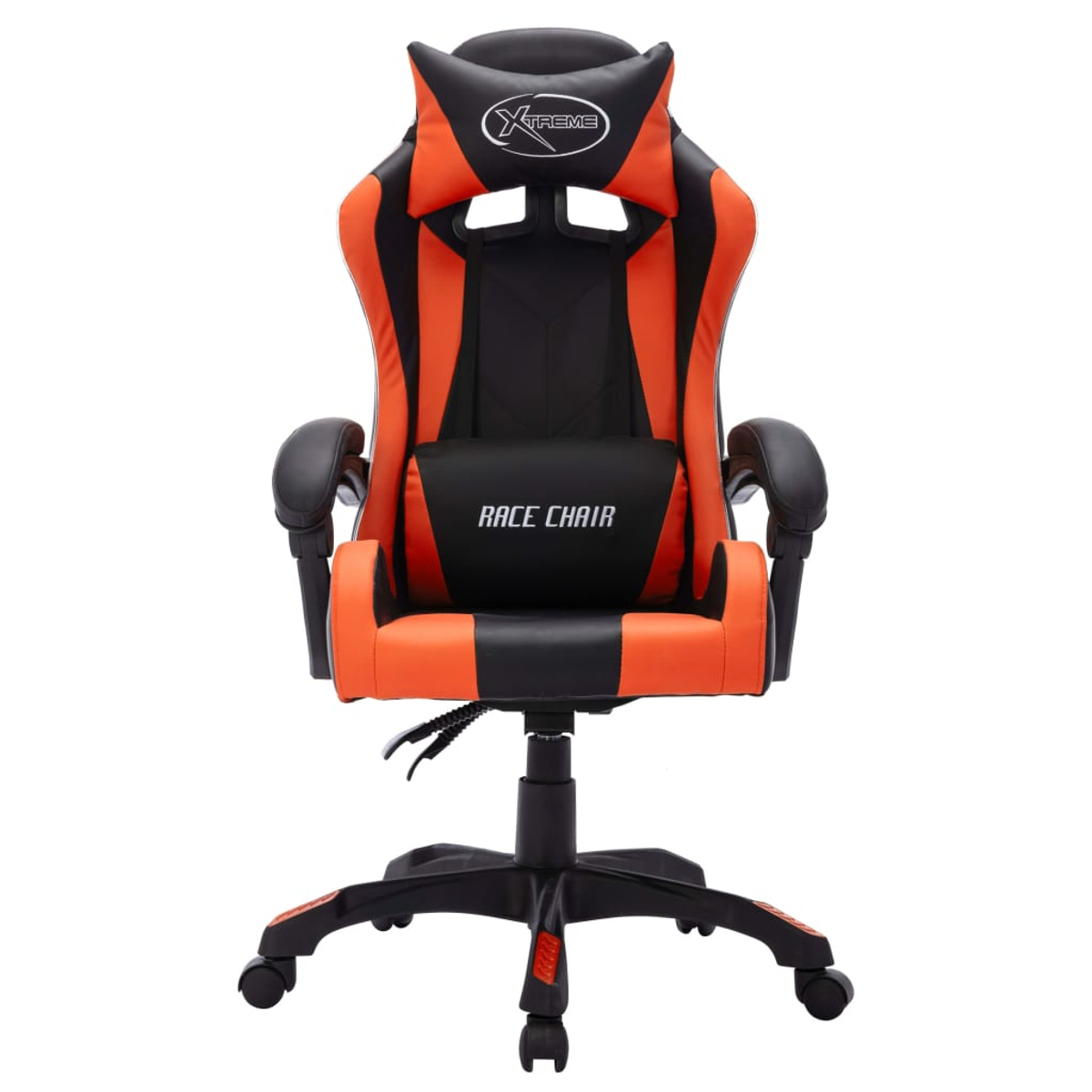Ein Rennstuhl mit orangefarbenen und schwarzen Akzenten. Er hat eine Kopfstütze mit dem Wort 'Xtreme' und 'Race Chair' auf der Rückenlehne.