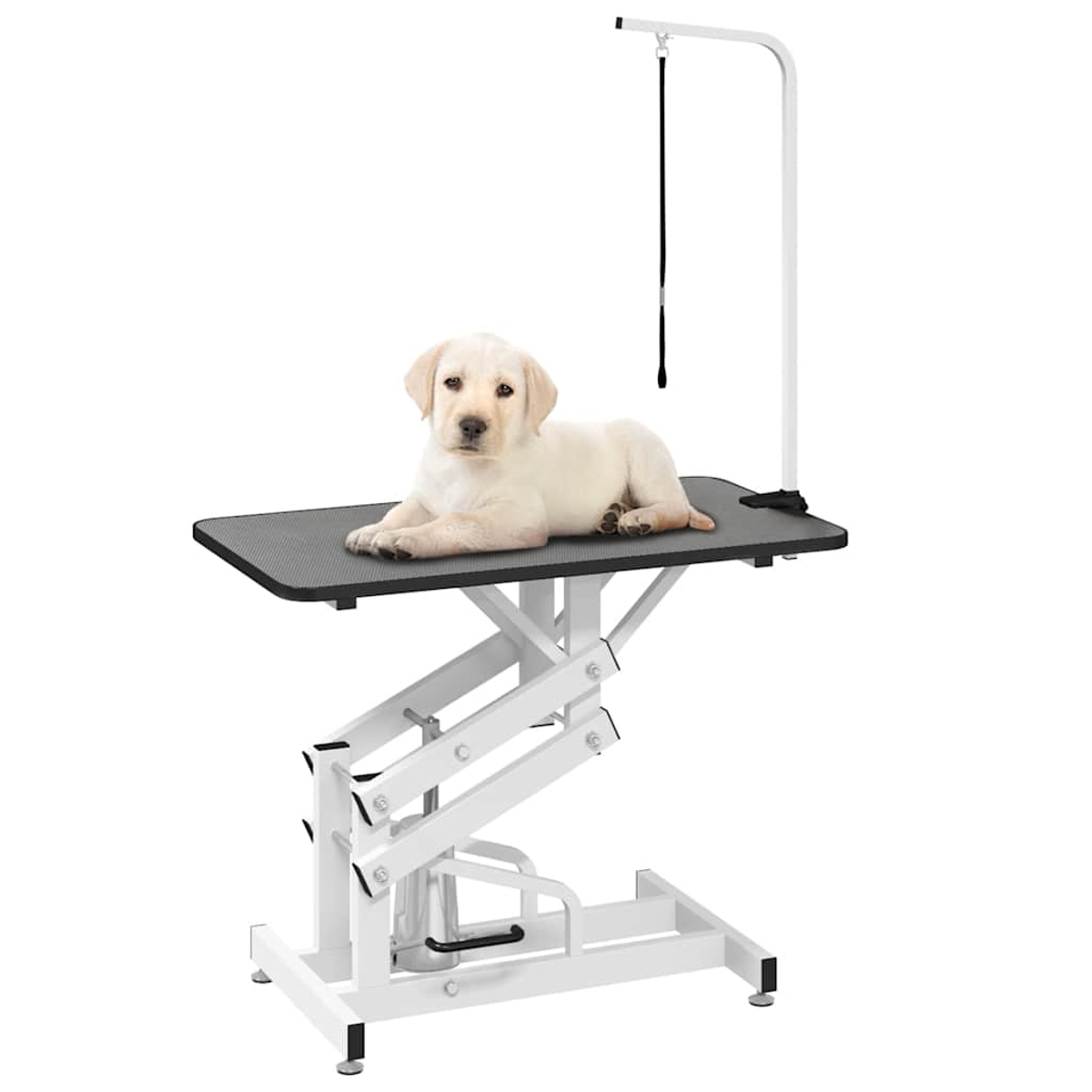 Ein Labrador-Welpe liegt auf einem Pflegetisch. Der Tisch ist weiß und hat eine schwarze Oberfläche. Über dem Hund befindet sich ein Pflegearm.