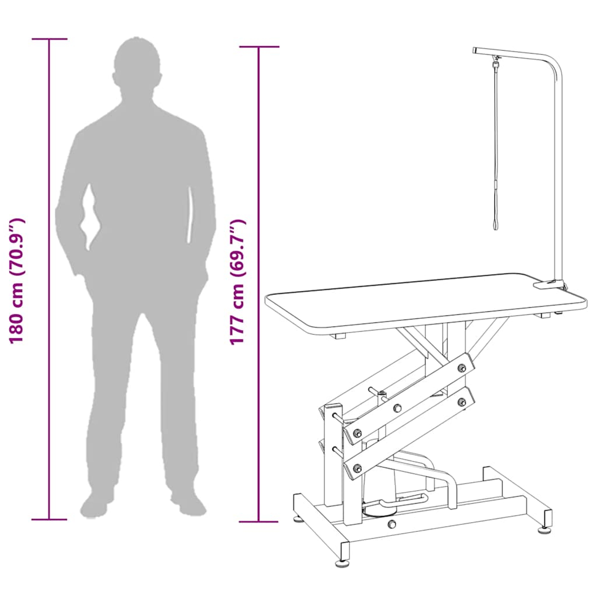 Eine Person steht neben einem Pflegetisch. Abmessungen sind für die Person und die Tischhöhe angegeben. Der Tisch hat einen Hängearm.