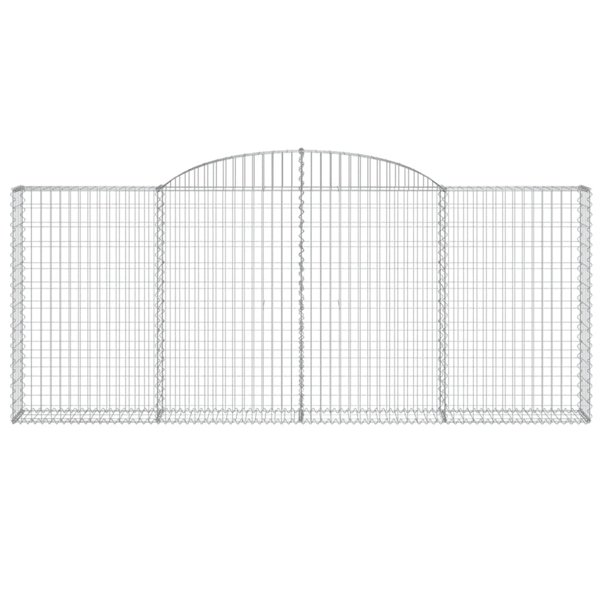 Ein Metalldrahtzaun. Der Zaun hat in der Mitte einen Bogen. Der Zaun besteht aus einem Gitter aus Metalldrähten.