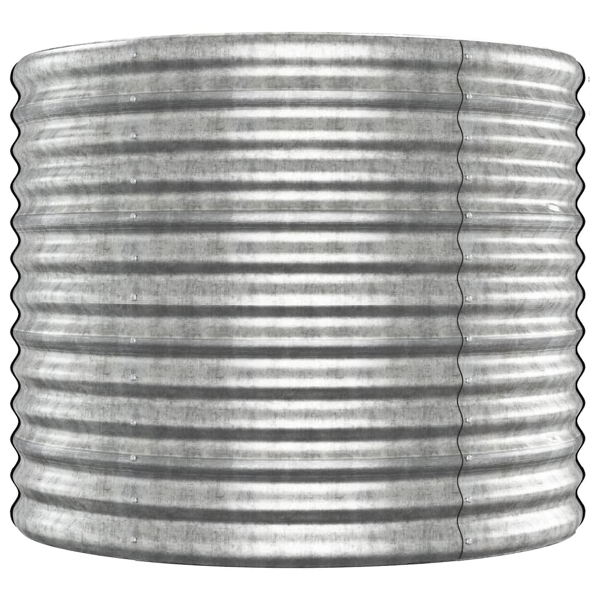 Ein zylindrischer Behälter aus gewelltem Metall. Das Metall ist silbern, mit horizontalen Rippen und vertikalen Nähten.