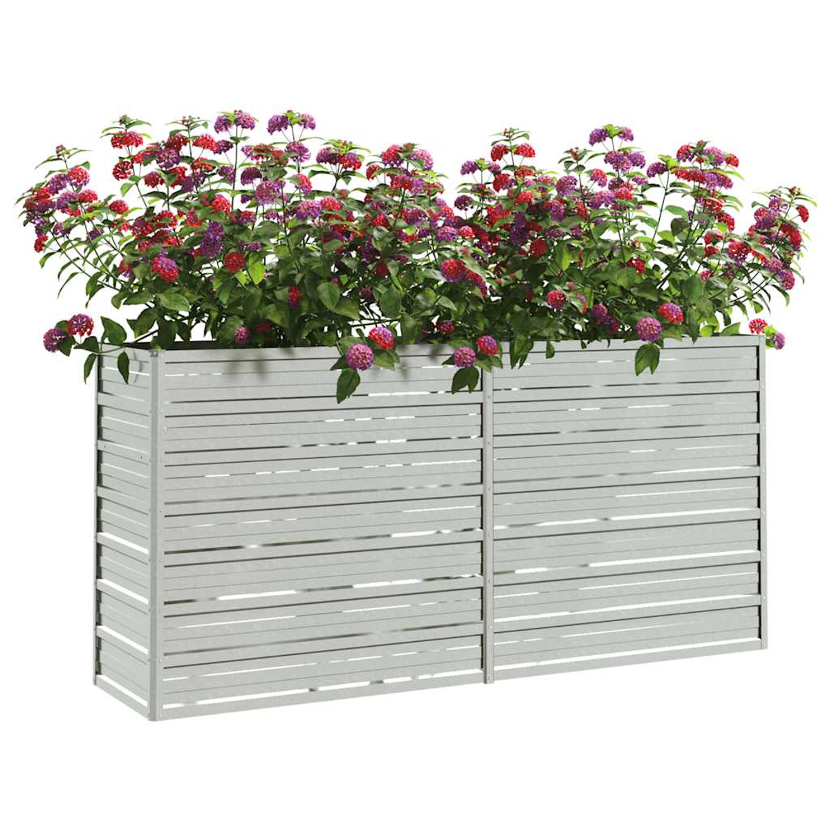 Eine rechteckige, hellgraue Pflanzkiste mit leuchtend roten und lila Blumen. Die Kiste hat horizontale Lamellen.