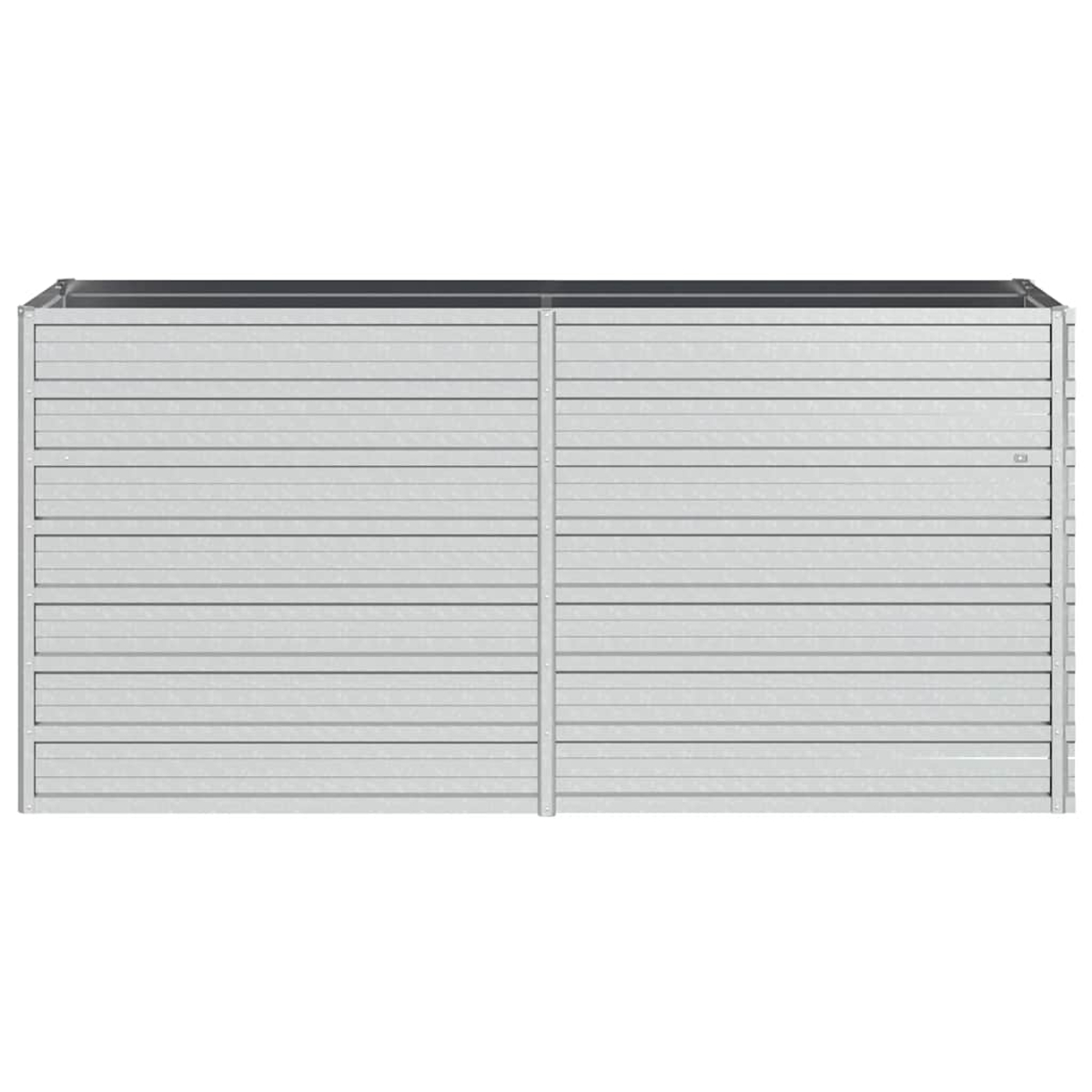 Eine Metall-Aufbewahrungsbox mit horizontalen Lamellen. Die Box ist grau, mit einer dunklen Oberseite.