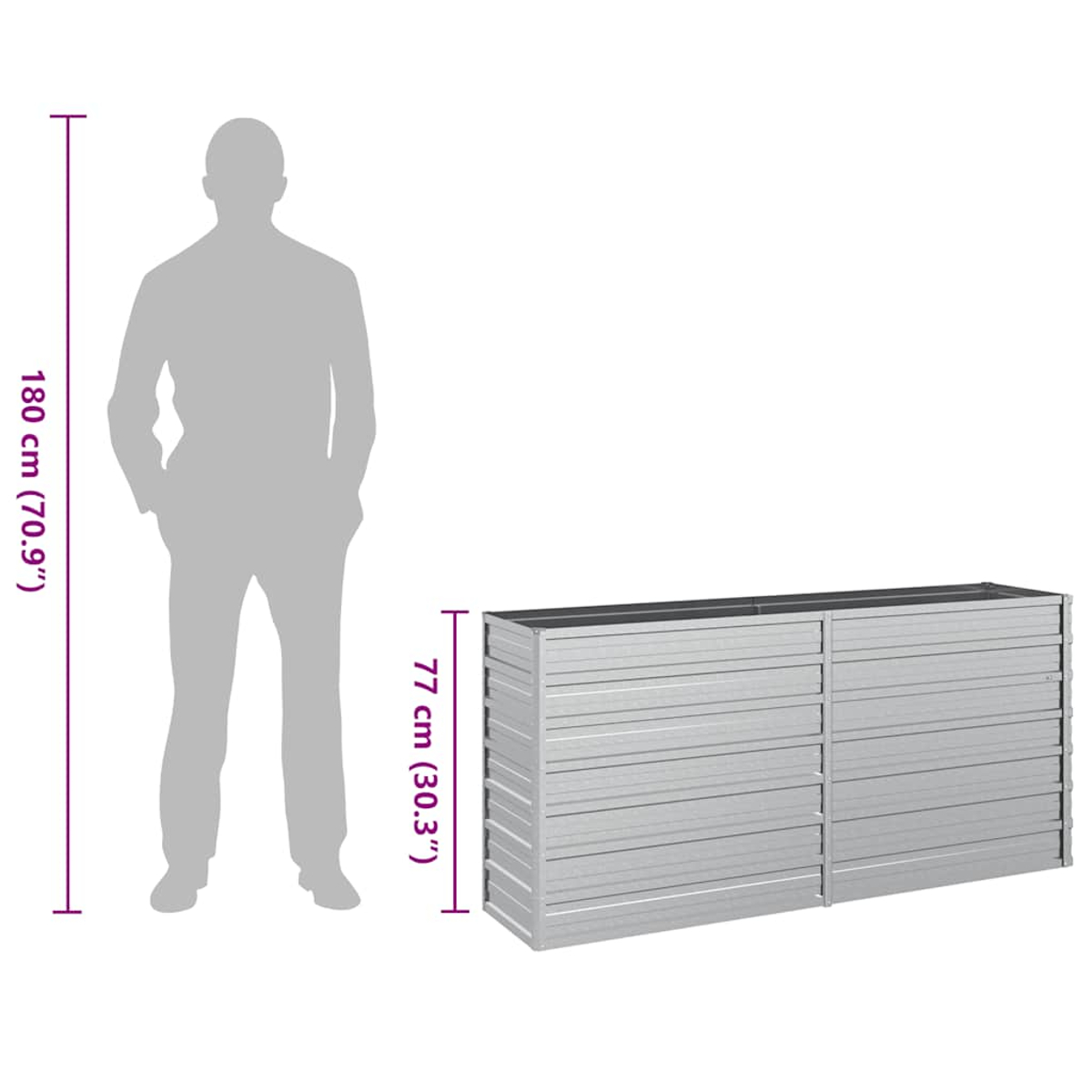 Eine Silhouette steht neben einem silbernen Metallpflanzkasten. Abmessungen: 180 cm (70,9") und 77 cm (30,3").