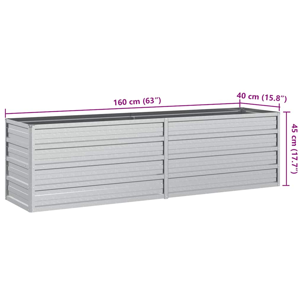 Eine rechteckige, metallisch graue Pflanzkasten. Abmessungen sind beschriftet: 160cm lang, 40cm breit und 45cm hoch.