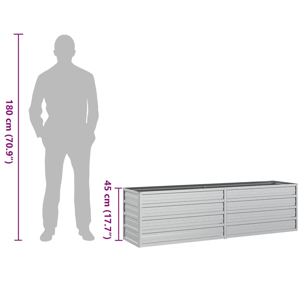Eine graue Silhouette einer Person neben einem grauen rechteckigen Pflanzgefäß. Abmessungen der Person und des Pflanzgefäßes sind angegeben.