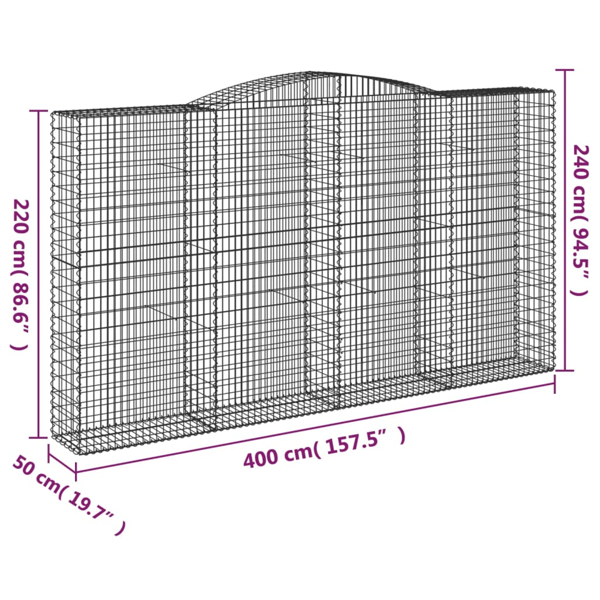 Ein Metall-Gabionenkorb mit Abmessungen in cm und Zoll.
