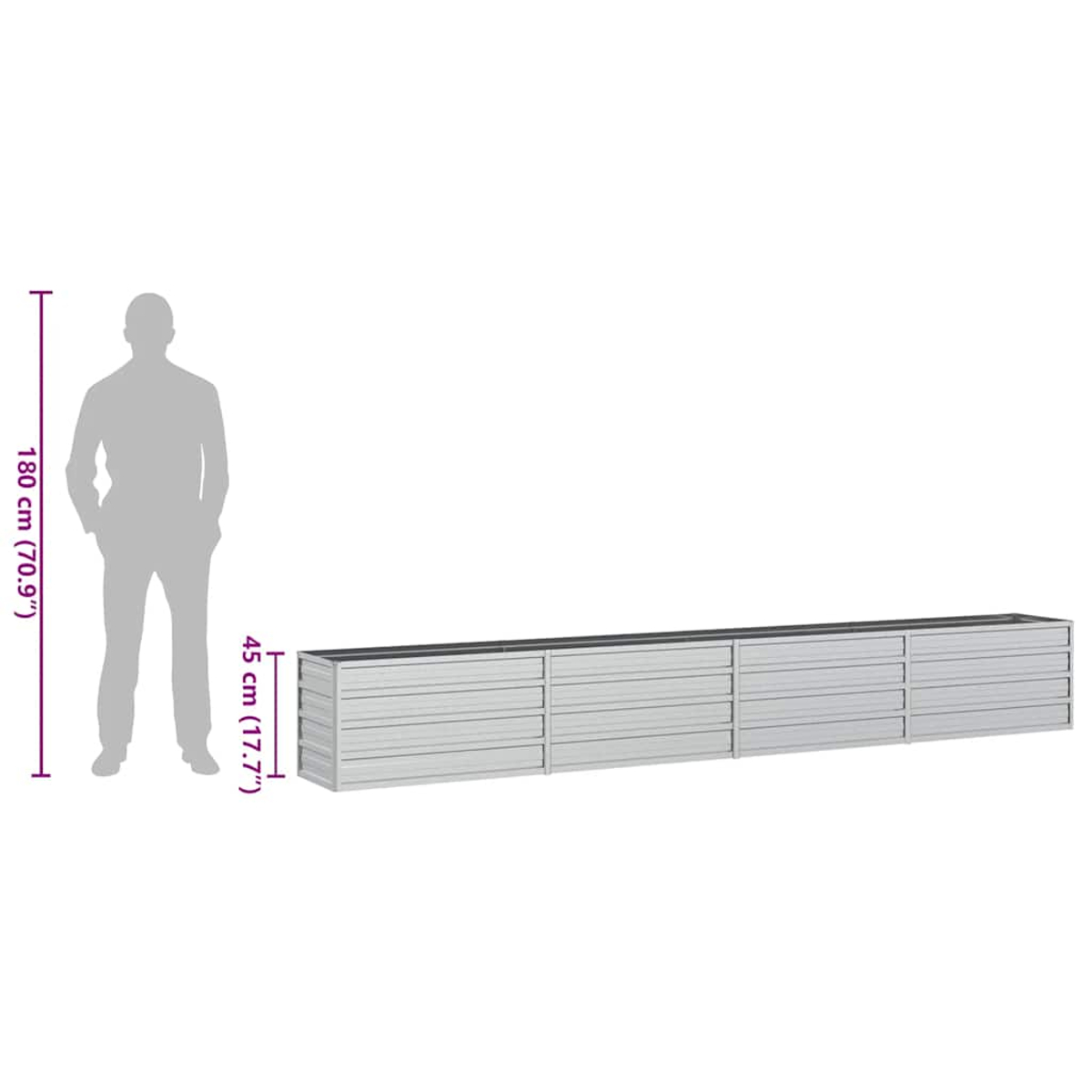 Eine graue Silhouette einer Person steht neben einem langen, niedrigen, grauen rechteckigen Pflanzgefäß. Abmessungen sind angegeben.