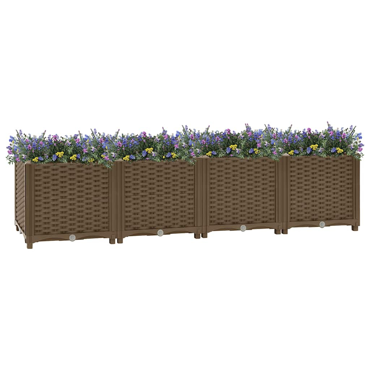 Ein langer, brauner, gewebter Pflanzkasten mit bunten Blumen. Der Pflanzkasten ist in vier Teile unterteilt.