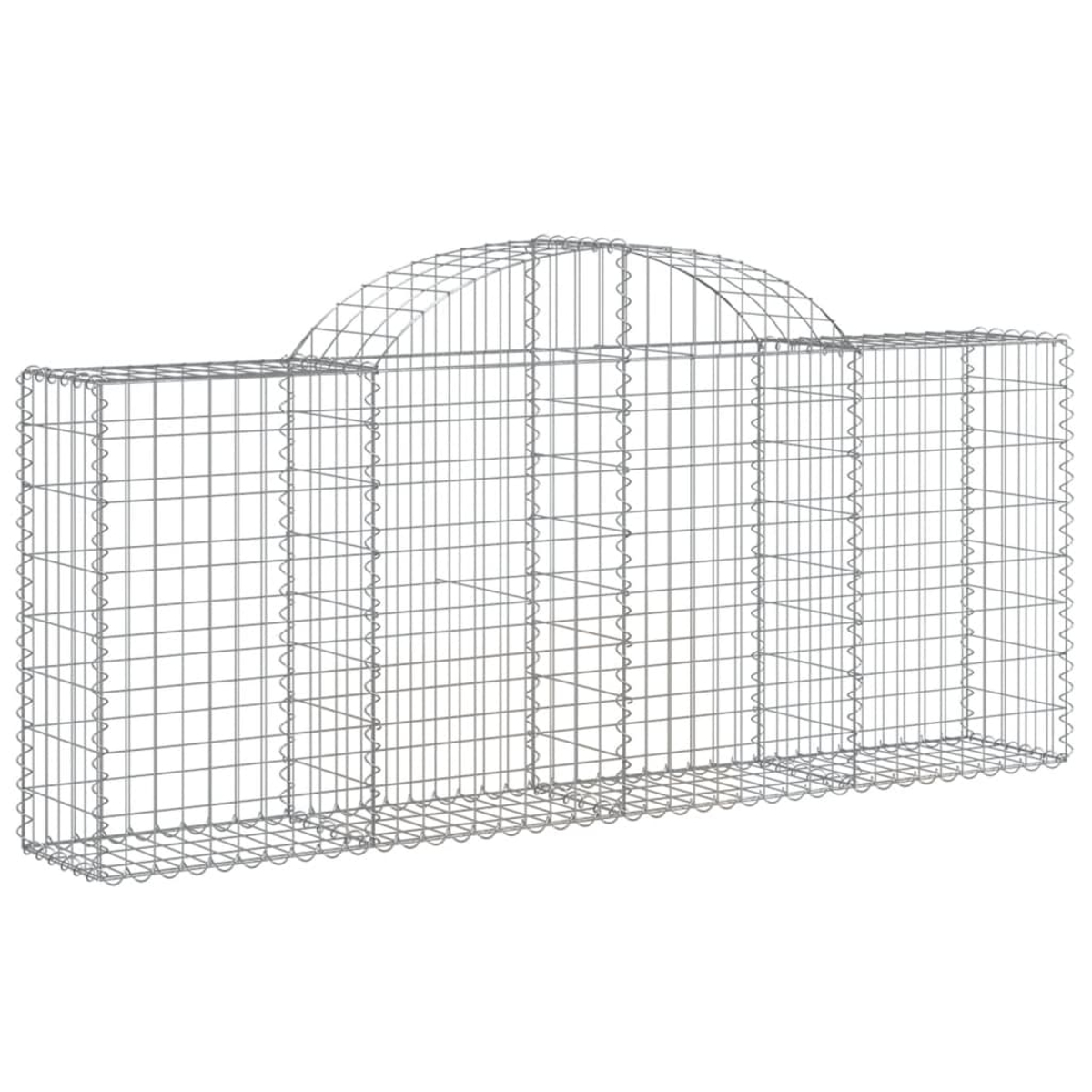 Ein Metall-Draht-Gabion, rechteckig mit gewölbtem Oberteil. Die Struktur ist leer, mit einem Rastermuster, und sitzt vor weißem Hintergrund.