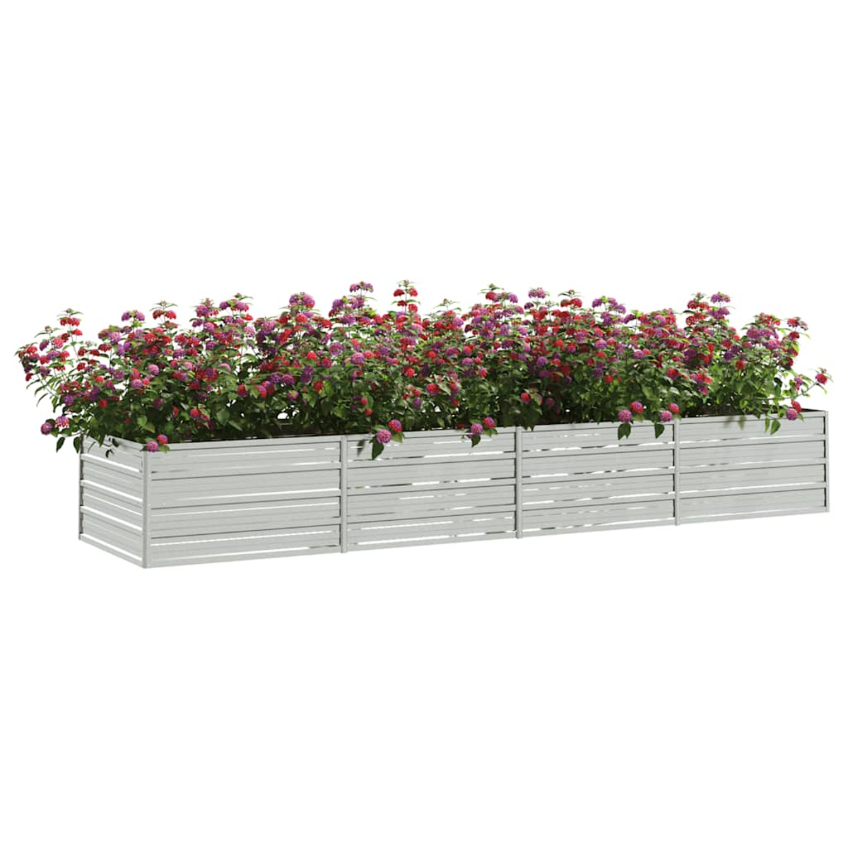 Eine lange, rechteckige Pflanzkiste mit leuchtend rosa und roten Blumen gefüllt. Die Kiste besteht aus weißen, horizontalen Lamellen.