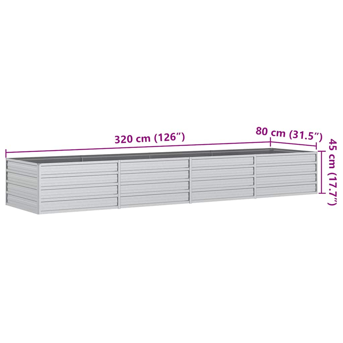 Ein rechteckiger, silberner Pflanzkasten. Abmessungen: 320 cm (126") lang, 80 cm (31,5") breit und 45 cm (17,7") hoch.