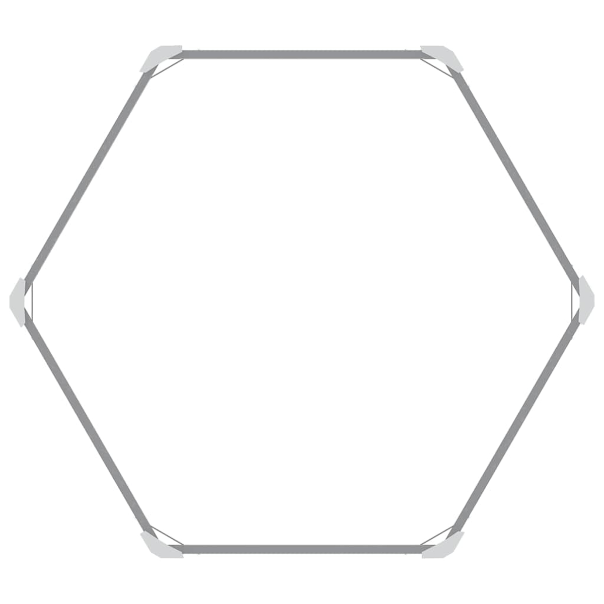 Ein grauer sechseckiger Rahmen mit weißen Verbindern an jeder Ecke ist auf einem weißen Hintergrund zentriert. Der Rahmen ist einfach und geometrisch.