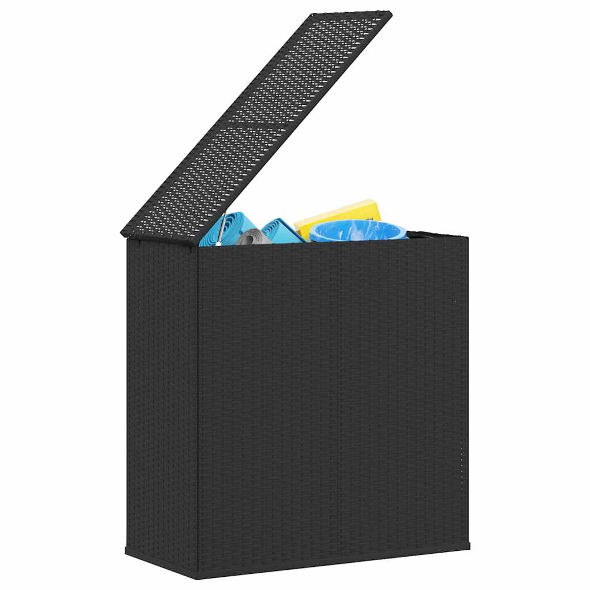 Eine schwarze Aufbewahrungsbox aus Korbgeflecht mit offenem Deckel, gefüllt mit blauen und gelben Gegenständen. Die Box ist rechteckig.