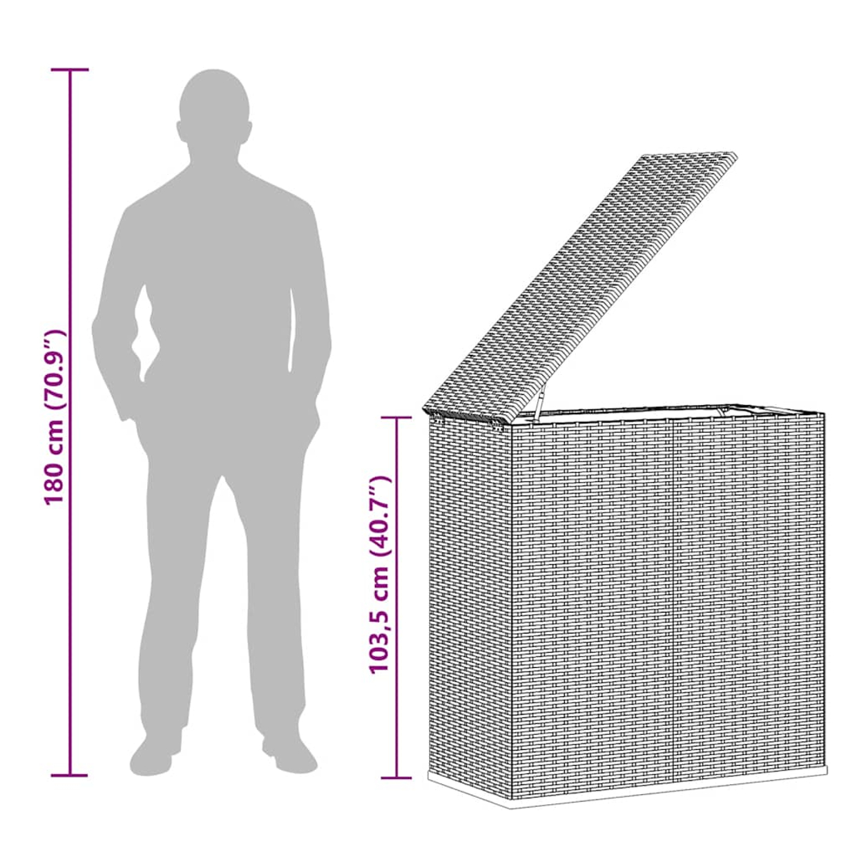 Eine Person steht neben einer offenen Rattan-Aufbewahrungsbox. Abmessungen sind beschriftet: Person 180 cm, Box 103,5 cm. Der Hintergrund ist schlicht.