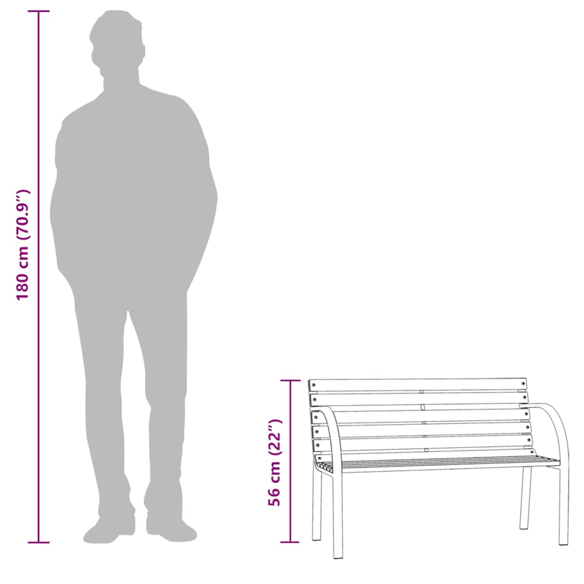 Eine Silhouette einer Person steht neben einer Bank. Abmessungen sind angegeben: Person 180cm, Bank 56cm. Die Bank ist schlicht gestaltet.
