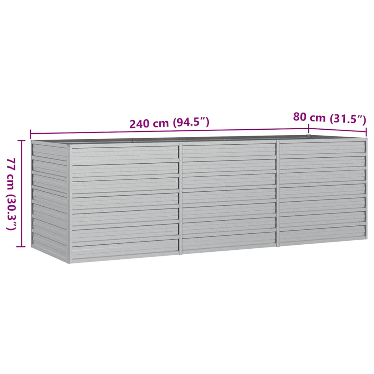 Grauer, rechteckiger Stauraum mit horizontalen Lamellen. Abmessungen: 240 cm lang, 80 cm breit und 77 cm hoch.