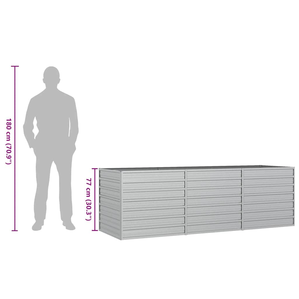 Eine Person steht neben einem grauen Stauraum. Maße sind angegeben. Das Gerät hat horizontale Linien.