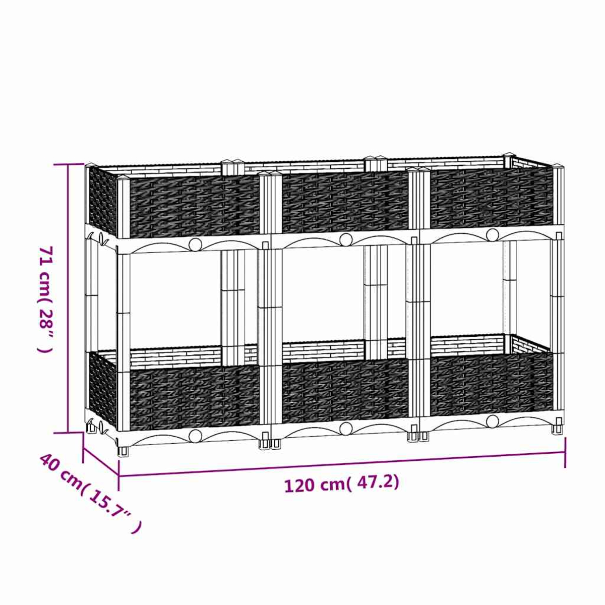 Ein zweistufiges Aufbewahrungsregal mit gewebten schwarzen Körben. Abmessungen: 71cm hoch, 40cm tief und 120cm breit.