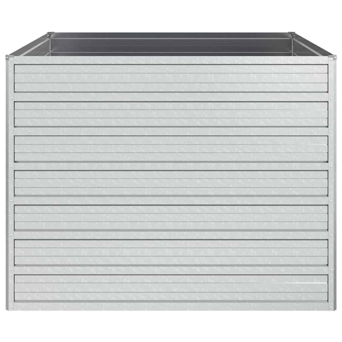 Ein quadratischer, verzinkter Metallpflanzkasten. Die Seiten sind horizontal gerippt. Die oberen Kanten sind glatt. Der Hintergrund ist weiß.