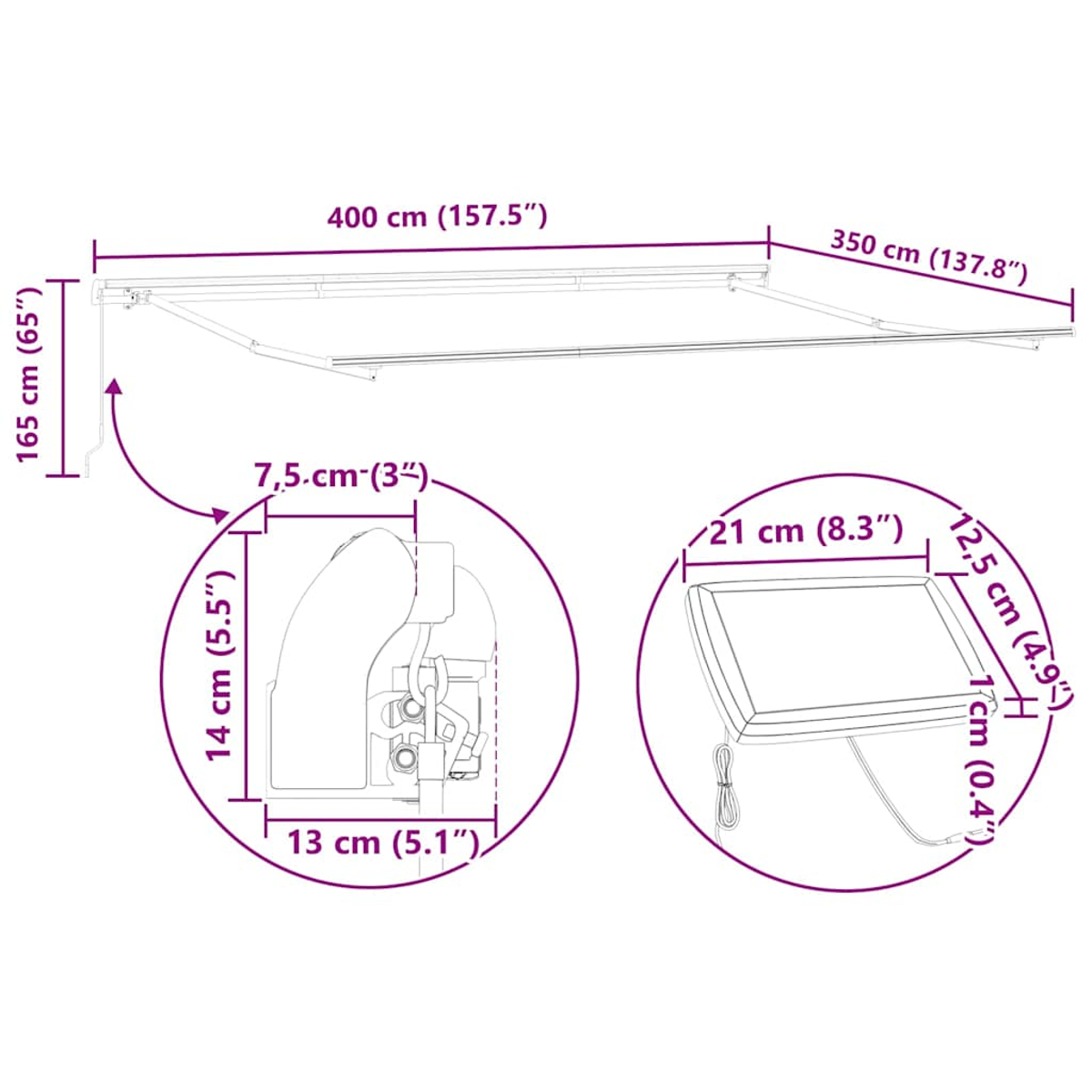 Diagramm eines Sonnensegels mit Abmessungen in cm und Zoll. Details umfassen die Maße des Segels und seiner Teile.