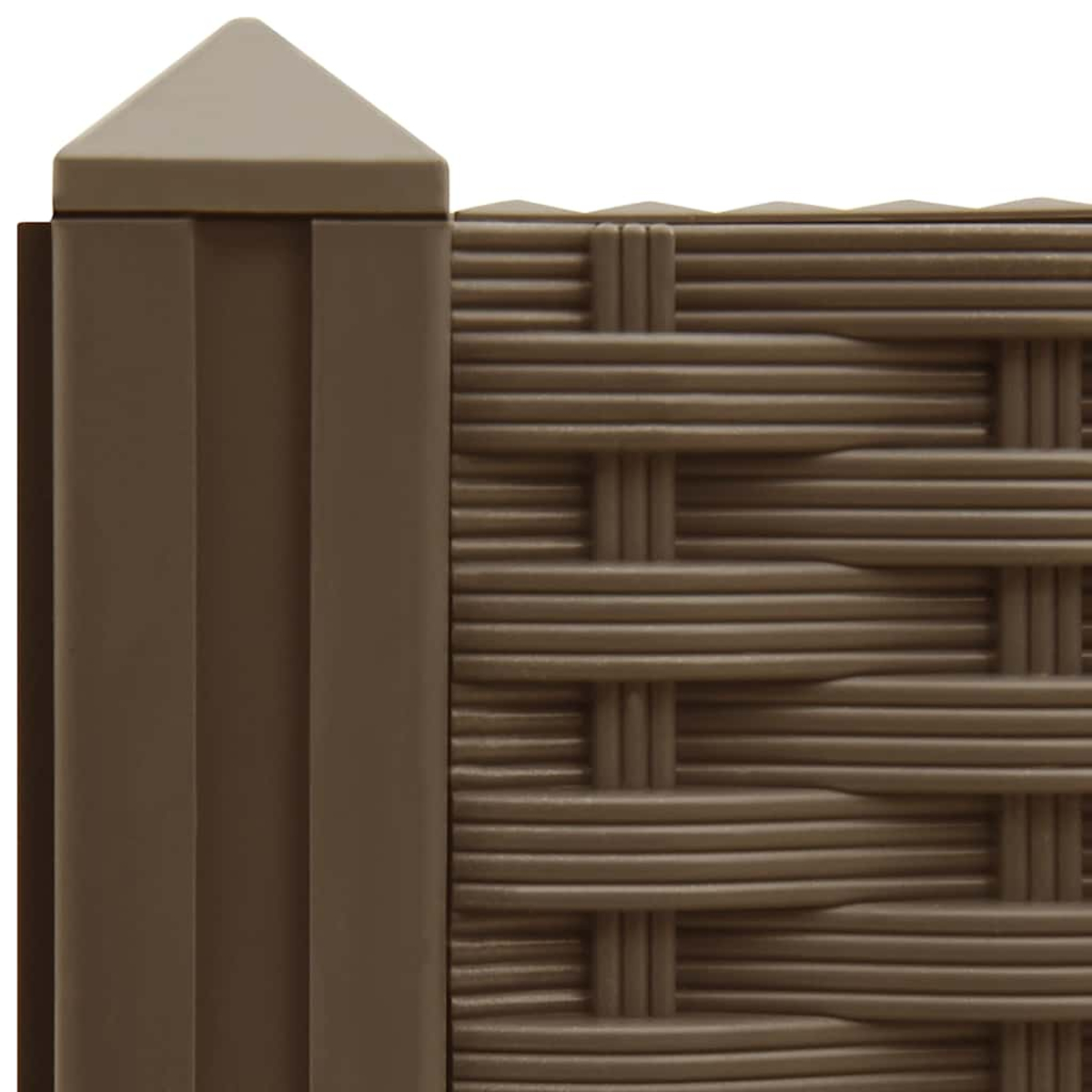 Nahaufnahme eines braunen Webmusters. Links ist ein vertikaler brauner Pfosten. Die Oberseite des Pfostens hat eine beige, dreieckige Kappe.