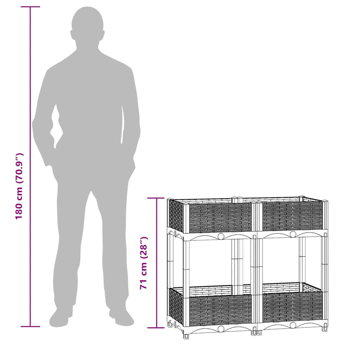 Eine graue Silhouette einer Person neben einem zweistufigen Aufbewahrungselement aus Weide. Abmessungen, 180 cm und 71 cm, sind ebenfalls angegeben.