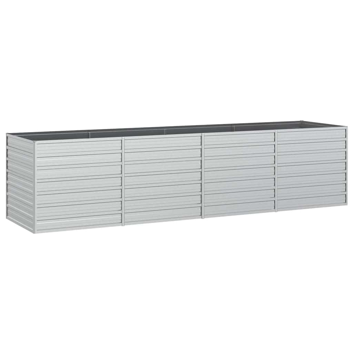 Eine lange, rechteckige, silberne Metall-Pflanzkasten mit horizontalen Rillen. Er steht vor einem weißen Hintergrund.