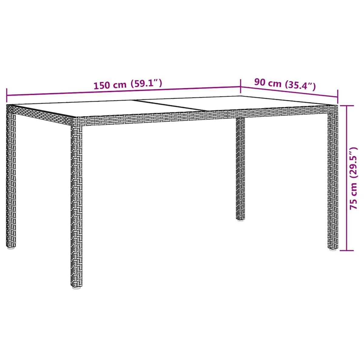 Ein rechteckiger Rattantisch, Maße in cm und Zoll angegeben. Höhe 75 cm, Breite 90 cm und Länge 150 cm.