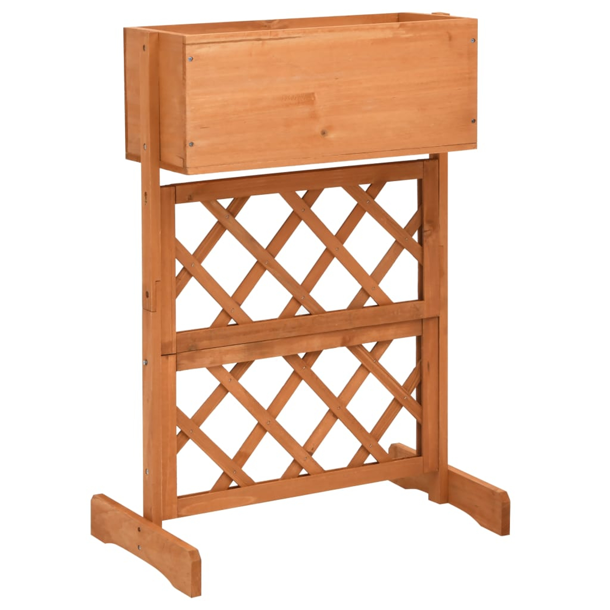 Ein hölzerner Pflanzkasten mit Gitterrahmen. Der Pflanzer ist braun, mit einer rechteckigen Box oben und einem rautenförmigen Gitter darunter.