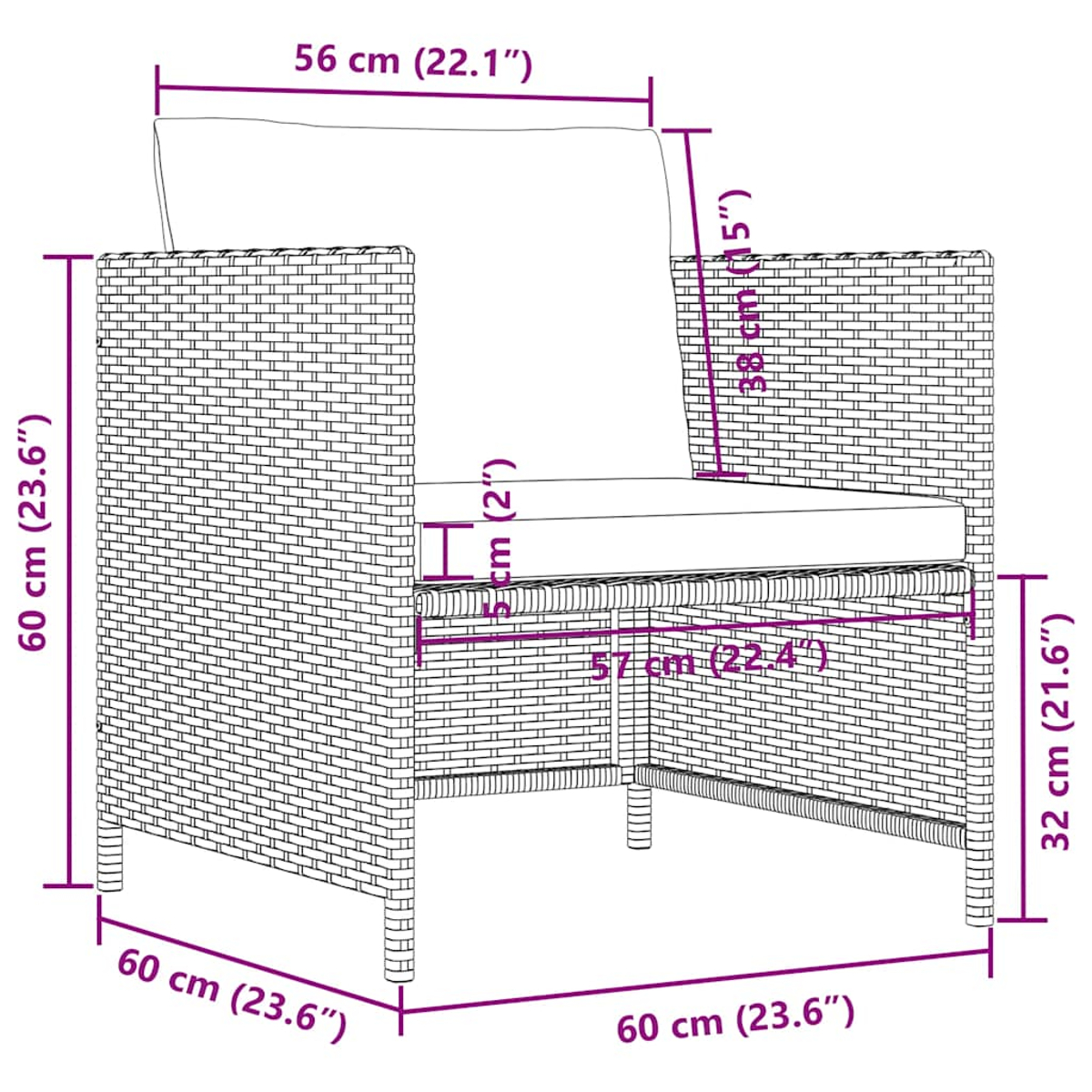 Ein Korbstuhl mit Maßangaben. Sitzkissen und Rückenlehne sind sichtbar. Maße sind in cm und Zoll angegeben.